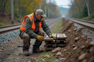 Ouvrier inspectant des traverses de chemin de fer usées