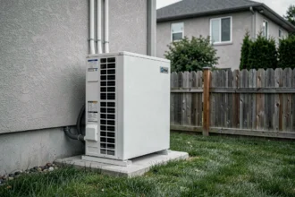 Pompe à chaleur air-eau installée sur la façade extérieure d'une maison individuelle avec raccordements visibles