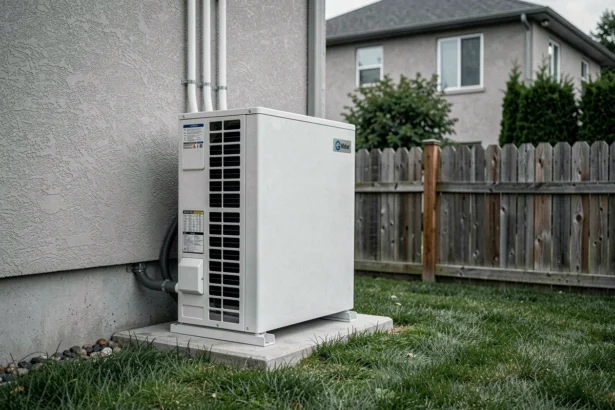 Pompe à chaleur air-eau installée sur la façade extérieure d'une maison individuelle avec raccordements visibles