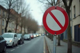 Panneau de signalisation B34 interdiction de s'arrêter fixé sur un poteau métallique en bord de rue urbaine française