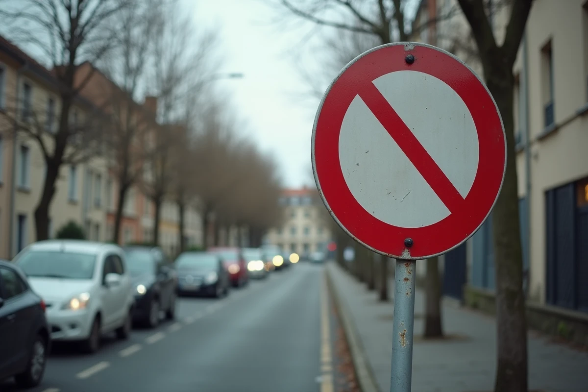 Panneau de signalisation B34 interdiction de s'arrêter fixé sur un poteau métallique en bord de rue urbaine française