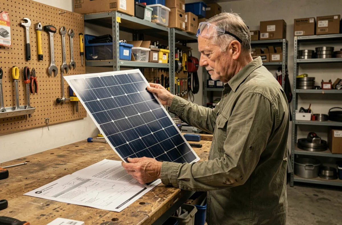 Homme dans un garage examinant un panneau solaire flexible et sa documentation technique