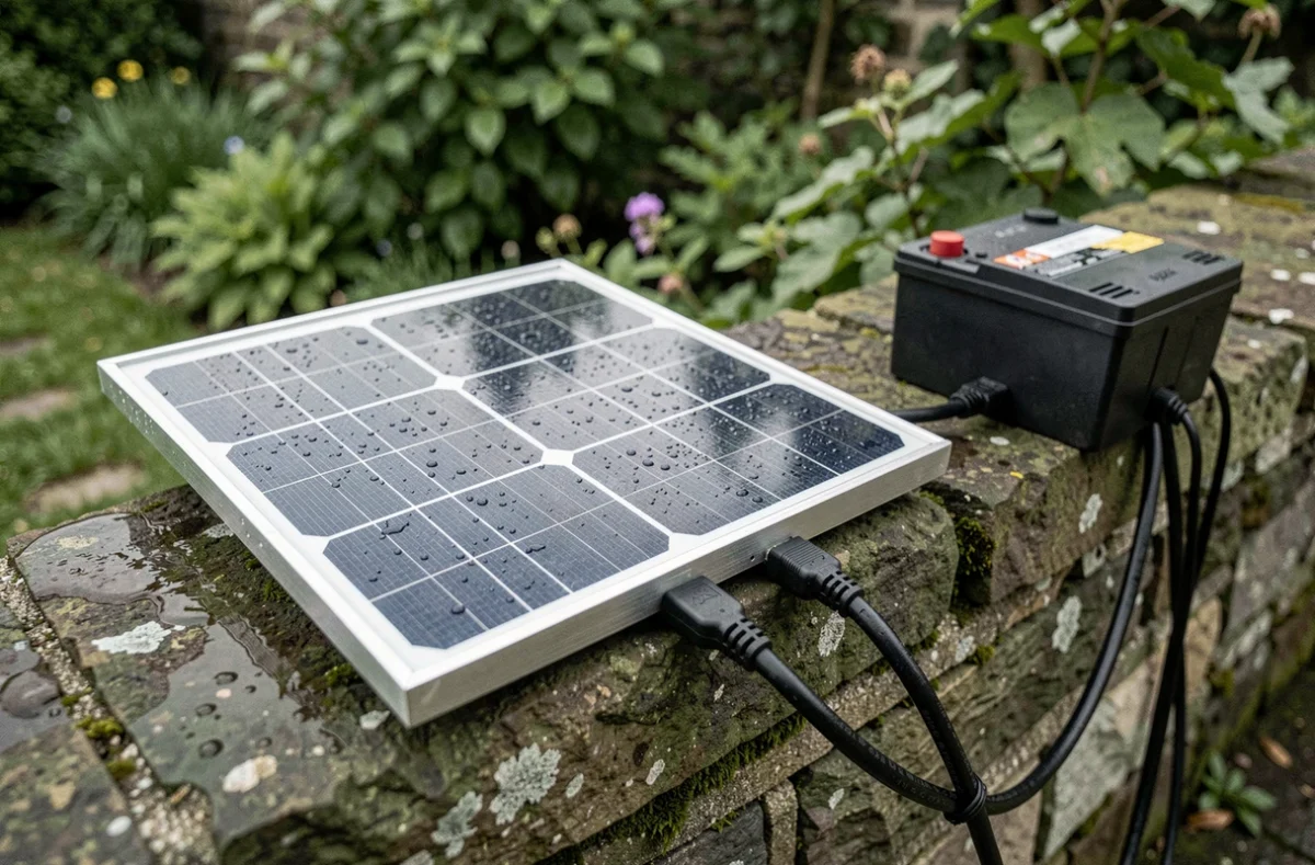 Gros plan d'un panneau solaire sous la pluie connecté à une batterie portable dans un jardin