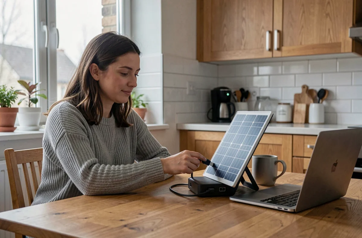 Femme rechargeant un panneau solaire portable à l'intérieur près d'une fenêtre par temps couvert