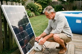 Homme installant un panneau solaire portable connecté à un spa gonflable Intex dans un jardin