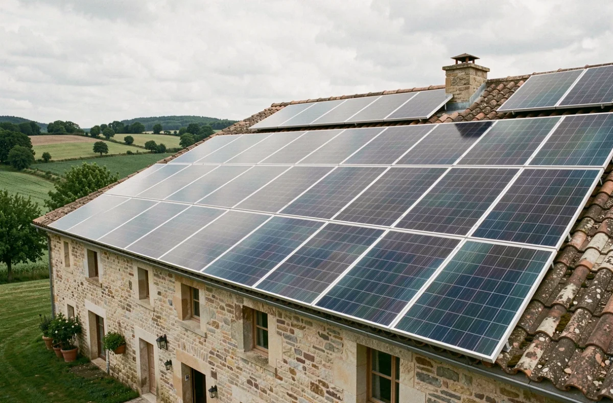Vue grand angle de panneaux photovoltaïques monocristallins installés sur le toit d'une ferme française en zone rurale