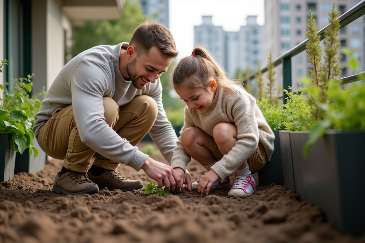 Père et fille semant des fleurs sur un balcon urbain