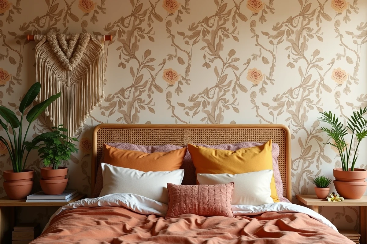 Chambre bohème avec papier peint motif beige floral, tête de lit en rotin et coussins en terre cuite