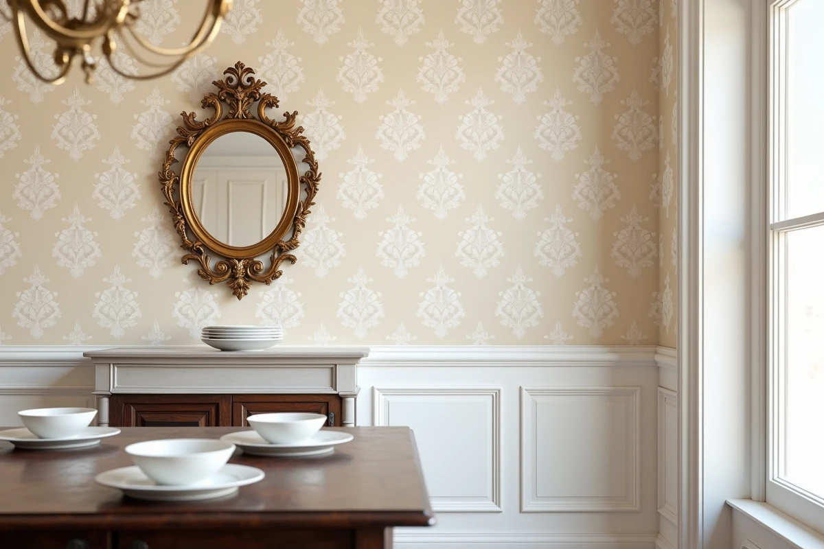 Salle à manger classique française avec papier peint motif beige damassé, lambris blanc et table en acajou