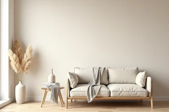 Salon scandinave avec papier peint motif beige géométrique, canapé en lin crème et parquet en chêne clair
