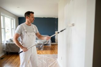 Peintre professionnel appliquant de la peinture blanche sur un mur intérieur avec un rouleau dans un salon rénové