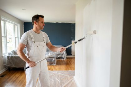 Peintre professionnel appliquant de la peinture blanche sur un mur intérieur avec un rouleau dans un salon rénové