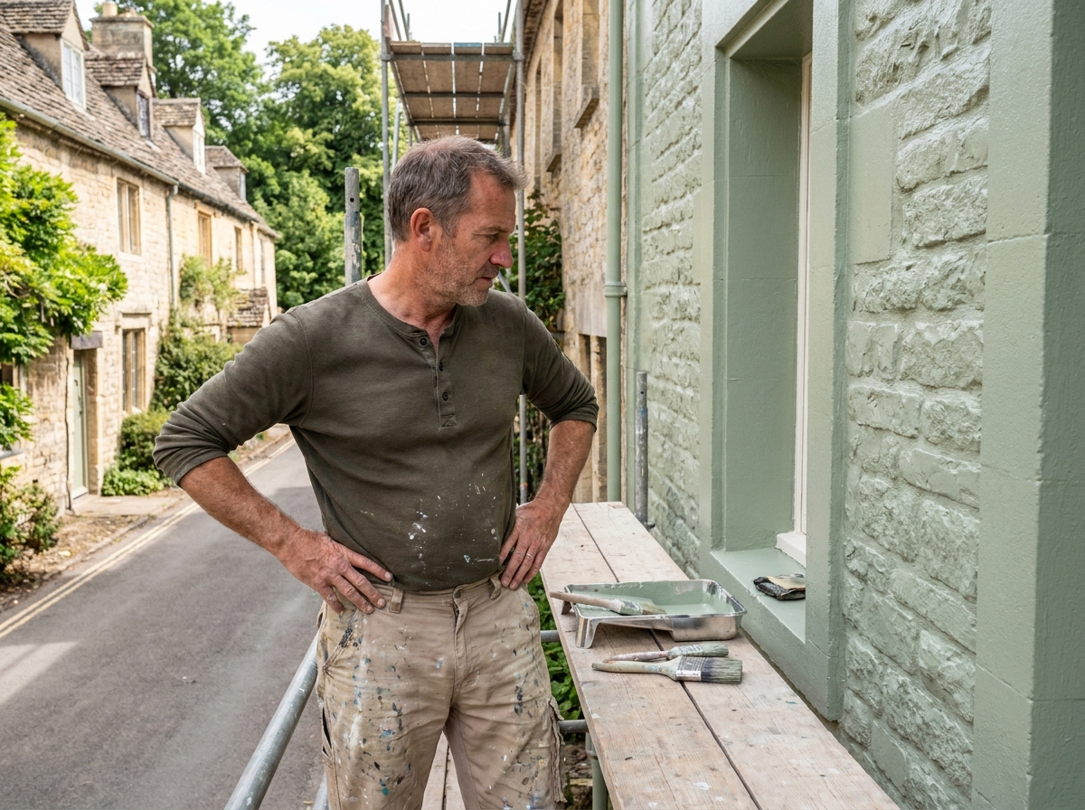 Peintre professionnel inspectant la finition d'une façade extérieure en pierre peinte en vert sauge