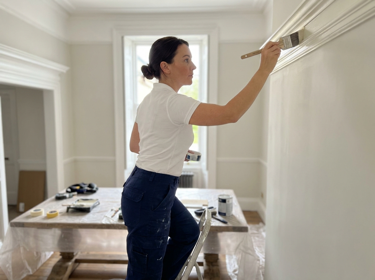 Peintre professionnelle féminine réalisant la découpe au plafond avec précision dans une salle à manger