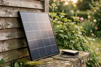 Petit panneau solaire portable appuyé contre un cabanon en bois dans un jardin avec batterie externe connectée
