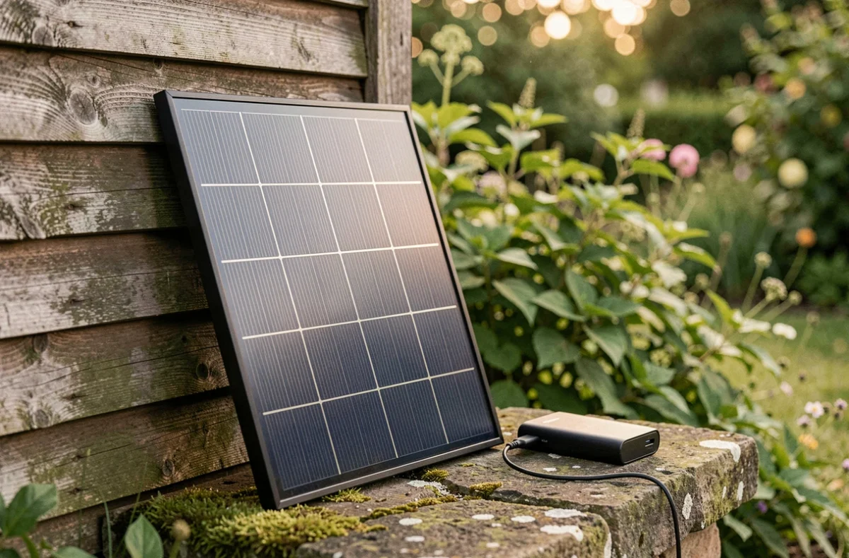 Petit panneau solaire portable appuyé contre un cabanon en bois dans un jardin avec batterie externe connectée
