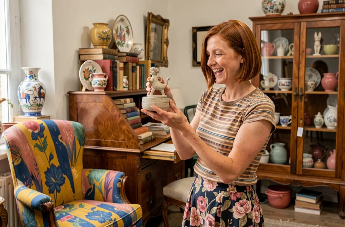Décoratrice de Petite Conversation entre Objets examinant une céramique sculptée dans son studio éclectique de La Rochelle
