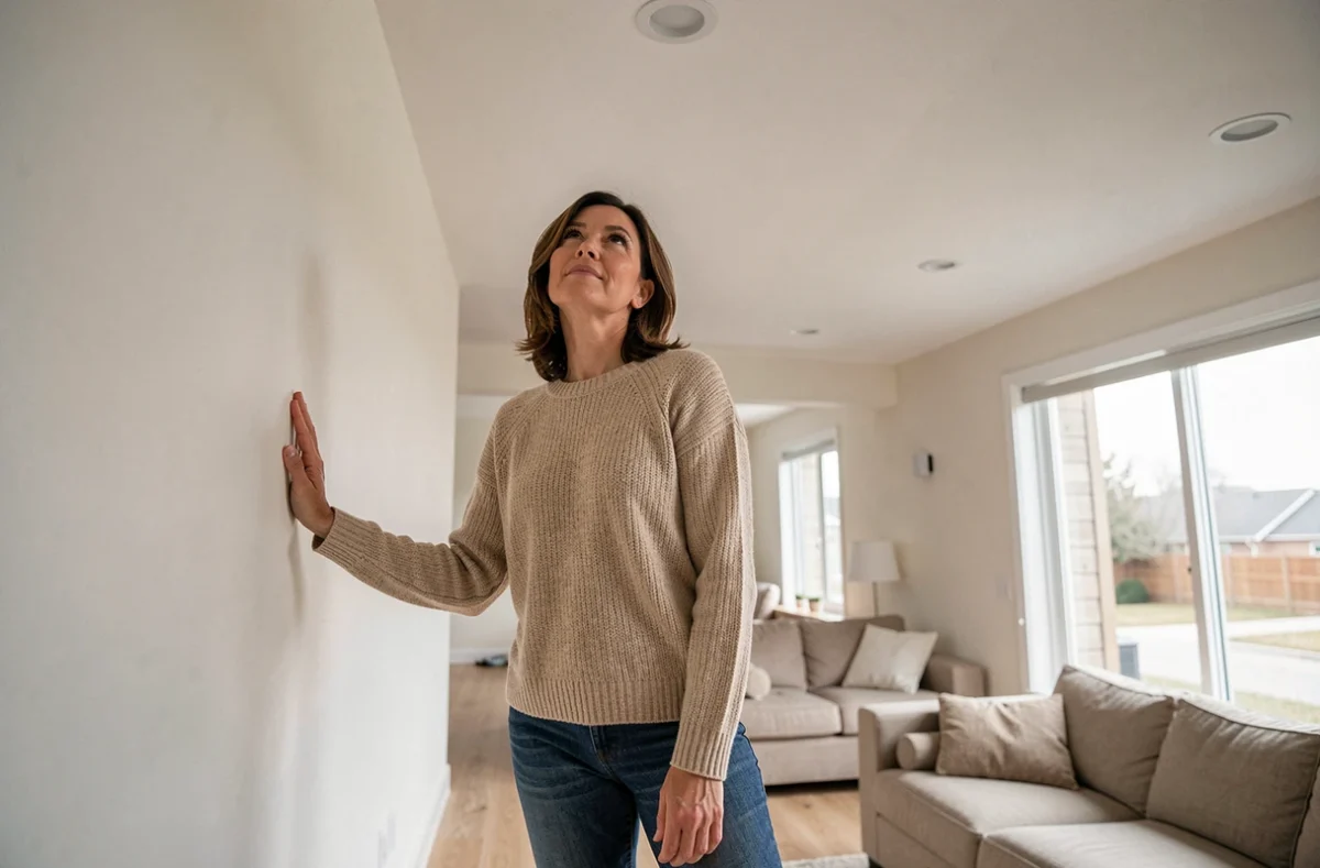 Femme dans une pièce à vivre au-dessus d'un garage évaluant le confort thermique du plafond isolé
