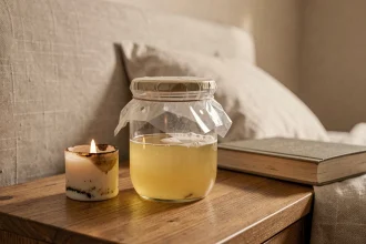 Piège à mouche vinaigre naturel fait maison dans un bocal en verre posé sur une table de chevet en bois dans une chambre