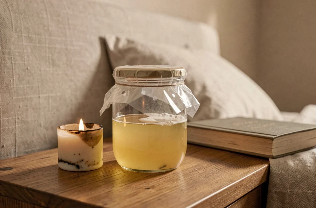 Piège à mouche vinaigre naturel fait maison dans un bocal en verre posé sur une table de chevet en bois dans une chambre