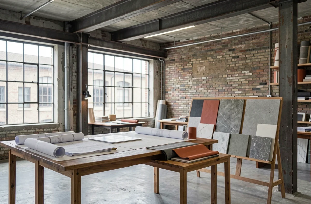 Studio de design et architecture d'intérieur à Roubaix avec éléments industriels, plans et échantillons de matériaux