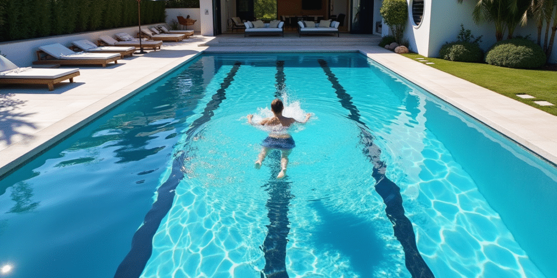 Piscine extérieure moderne avec nageurs et paysage minimaliste
