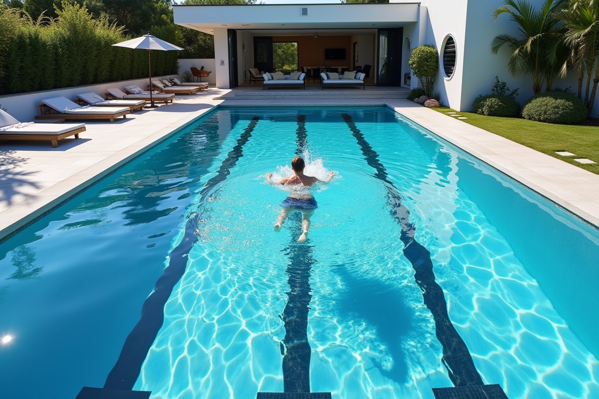 Piscine extérieure moderne avec nageurs et paysage minimaliste