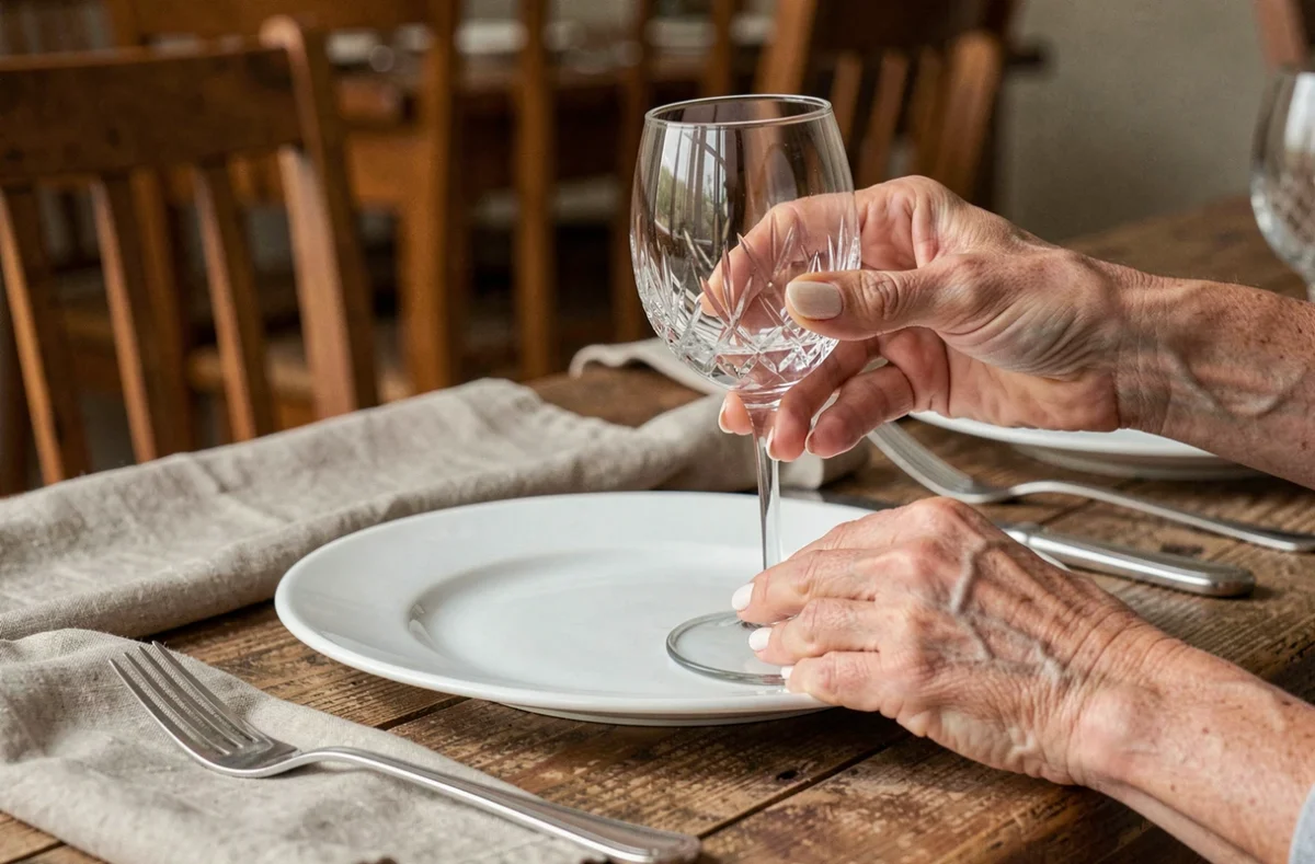 Femme plaçant un verre à vin en cristal à la droite d'une assiette lors d'un dressage de table soigné