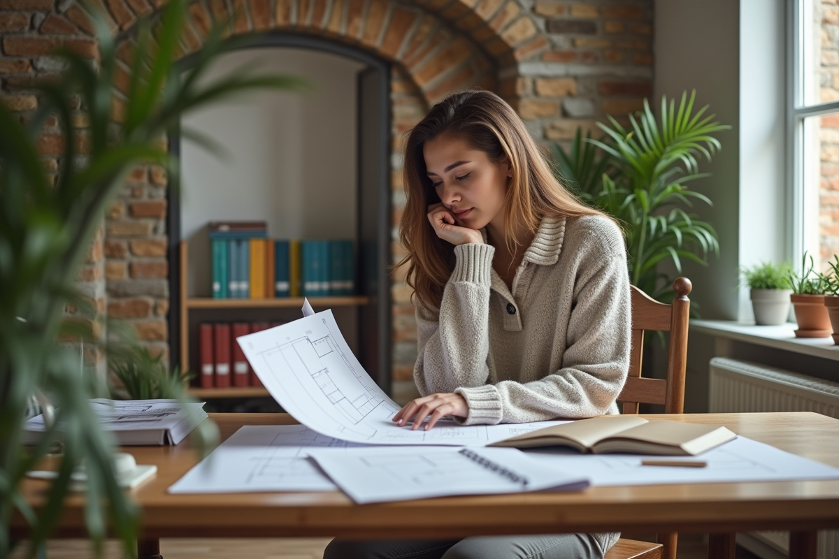 Femme étudiant un plan dans un bureau lumineux avec sous-sol visible