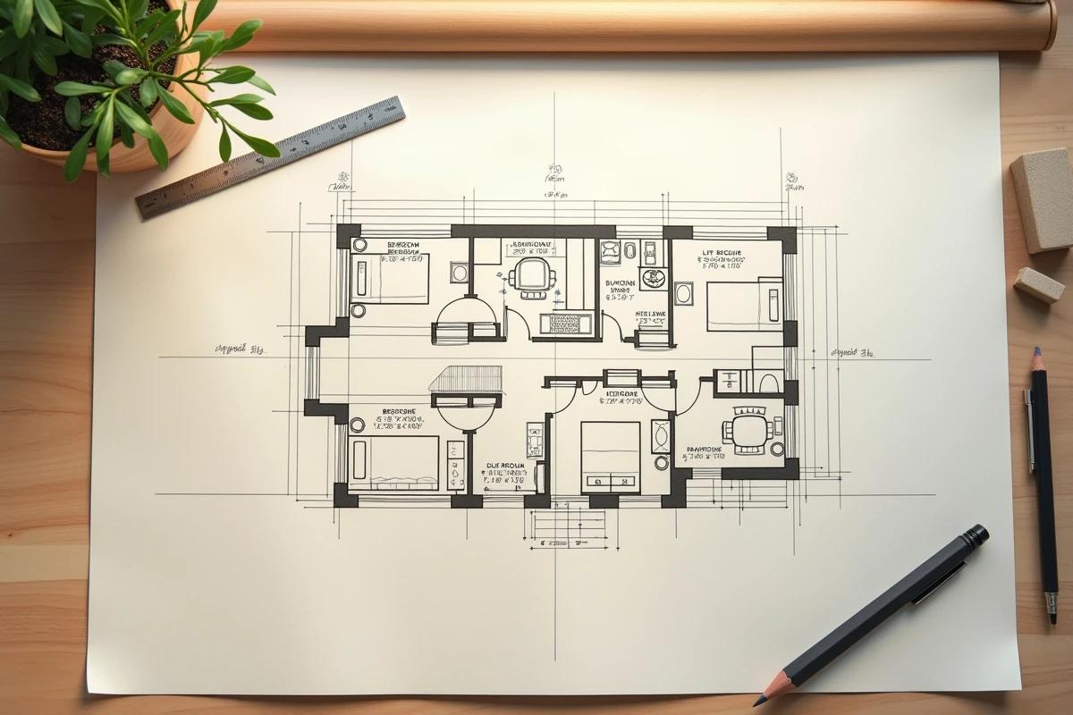Plan de maison de plain pied 4 chambres sur table à dessin avec règle et crayon d'architecte