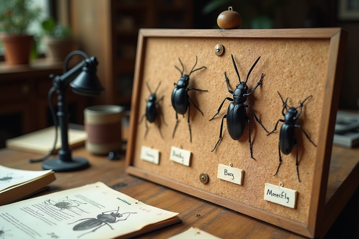 Planche entomologique sur un bureau de naturaliste présentant trois insectes noirs épinglés côte à côte pour comparaison et identification des espèces