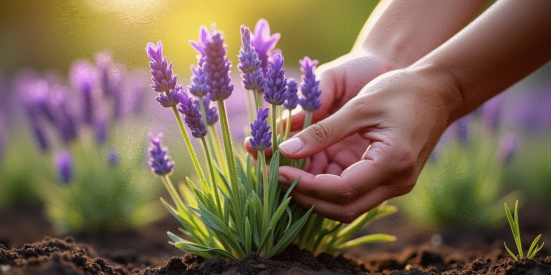 Mains plantant de la lavande dans un jardin en plein air