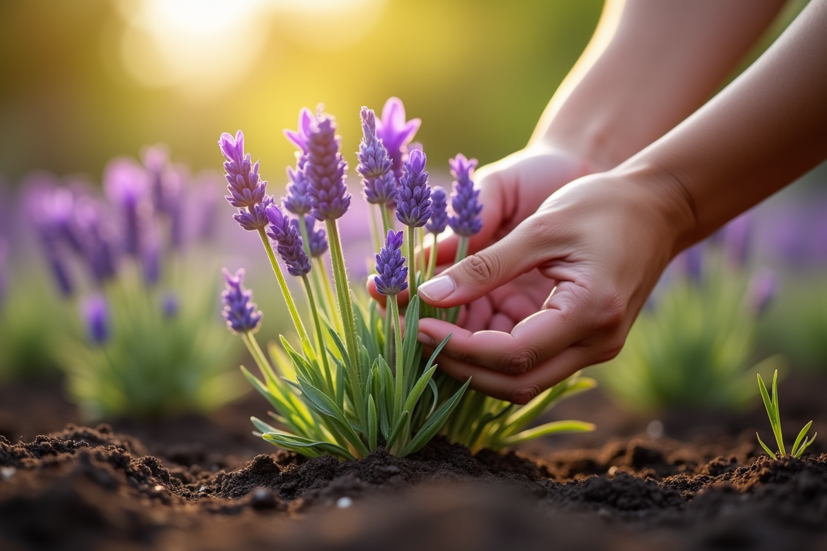 Mains plantant de la lavande dans un jardin en plein air