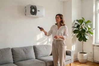 Femme réglant une pompe à chaleur air air murale dans un salon moderne