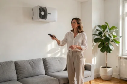 Femme réglant une pompe à chaleur air air murale dans un salon moderne
