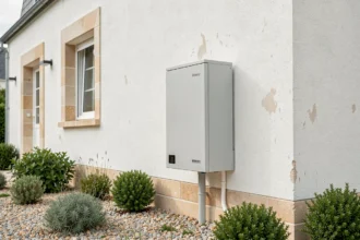 Pompe à chaleur air-air installée sur la façade extérieure d'une maison individuelle française contemporaine
