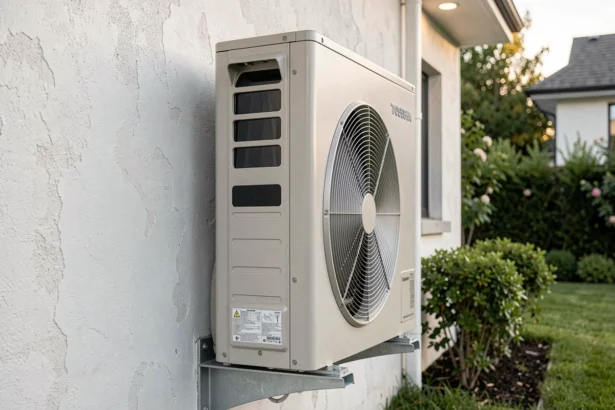 Unité extérieure de pompe à chaleur Toshiba installée sur la façade d'une maison moderne avec jardin en arrière-plan
