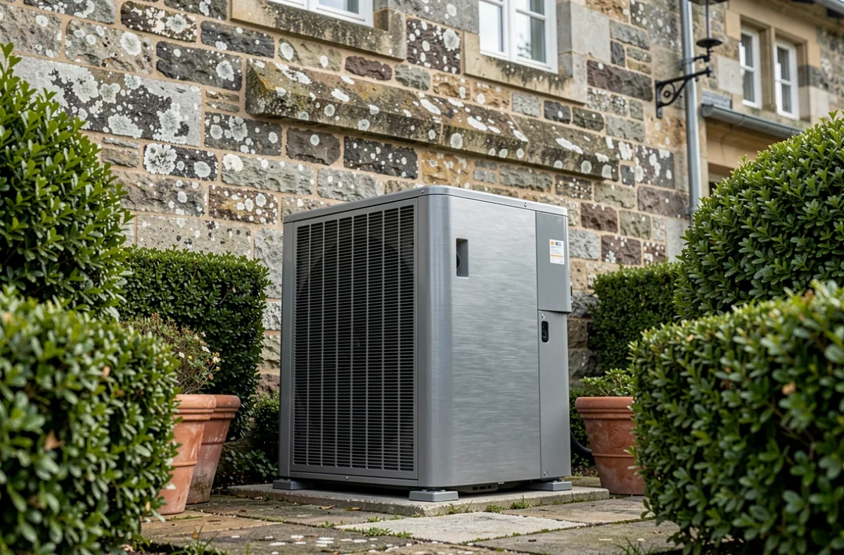 Pompe à chaleur extérieure installée dans le jardin d'une maison en pierre typique du patrimoine bâti français soumise au code de l'urbanisme