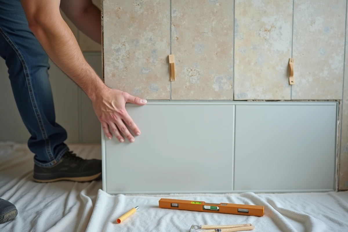 Pose de dalles murales PVC dans une salle de bain en cours de rénovation par un carreleur professionnel