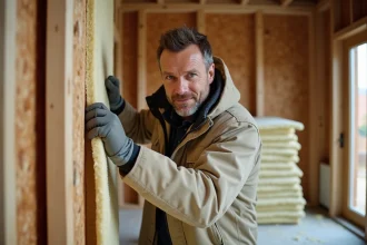 Pose d'isolant en laine minérale entre des montants en bois dans une maison en rénovation, solution conforme RE 2026