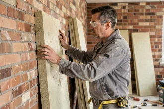 Ouvrier posant un panneau d'isolation en laine minérale sur un mur intérieur en briques lors de travaux de rénovation