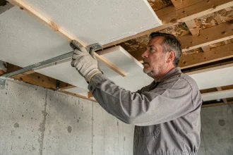 Artisan posant des panneaux isolants rigides sur le plafond d'un garage en cours de rénovation