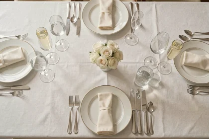 Vue de dessus d'un couvert formel avec verres à vin, à eau et flûtes à champagne correctement positionnés sur nappe blanche