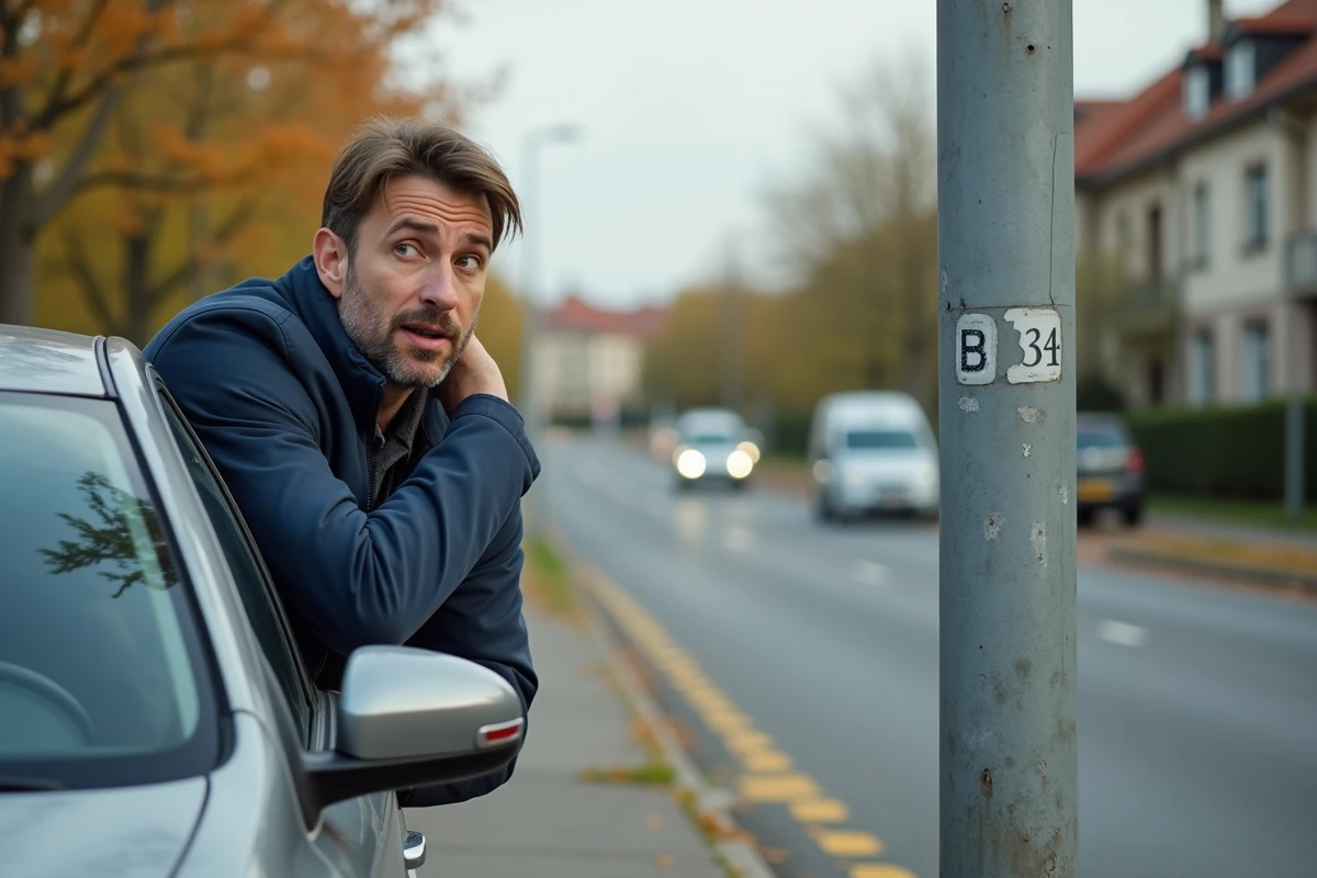 Conducteur perplexe face à un poteau de signalisation vide sans panneau B34 dans une rue de banlieue française