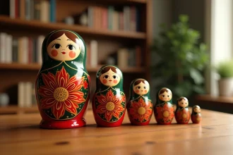 Ensemble de poupées gigognes russes matriochkas peintes à la main alignées sur une table en bois, révélant la séquence d'emboîtement complète