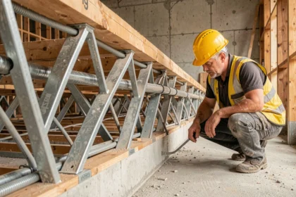 Poutre POSI en cours de montage avec passages de gaines électriques et tuyauteries dans une maison en construction