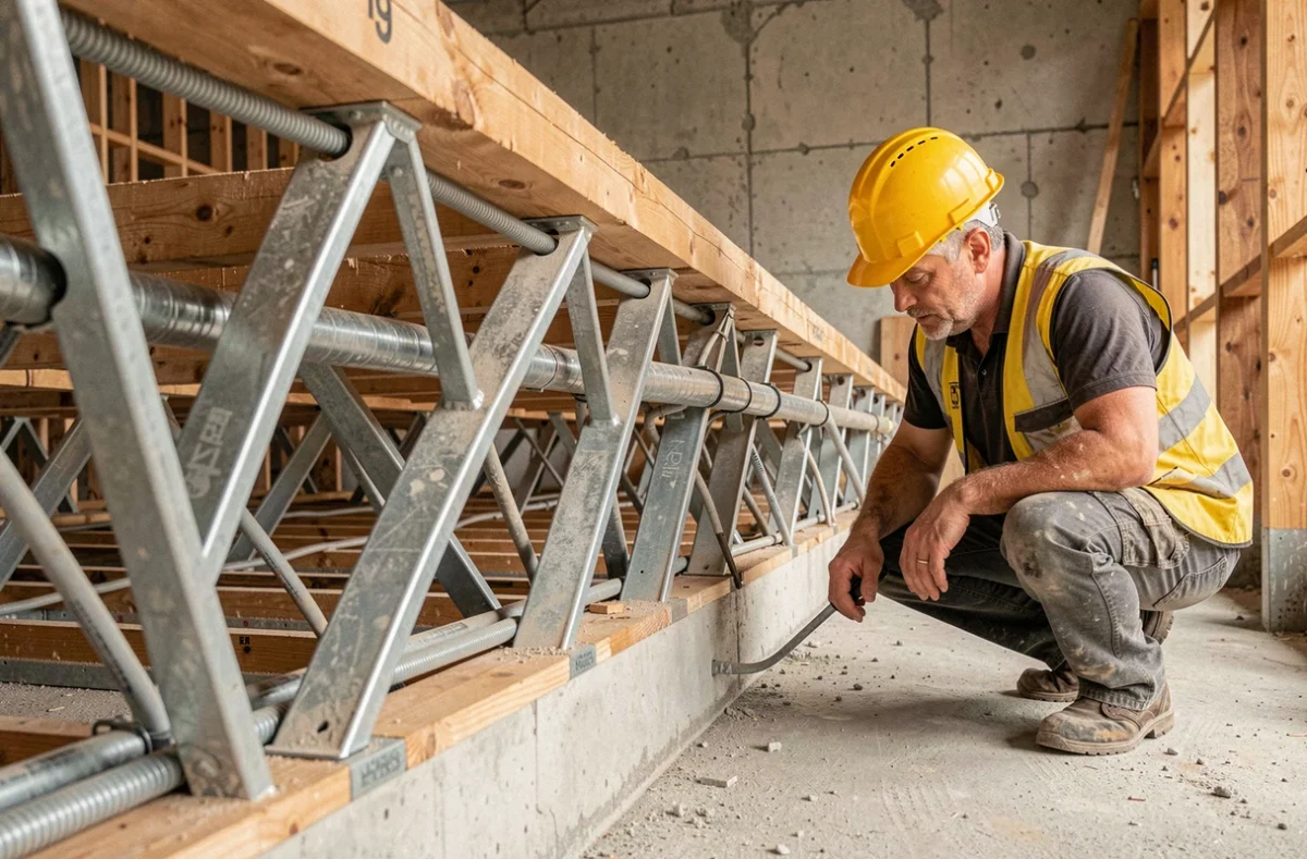 Poutre POSI en cours de montage avec passages de gaines électriques et tuyauteries dans une maison en construction