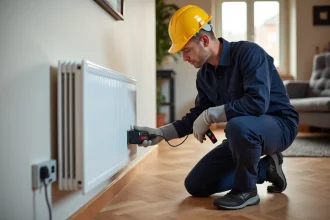 Électricien inspectant une prise dédiée installée près d'un radiateur électrique dans un salon résidentiel