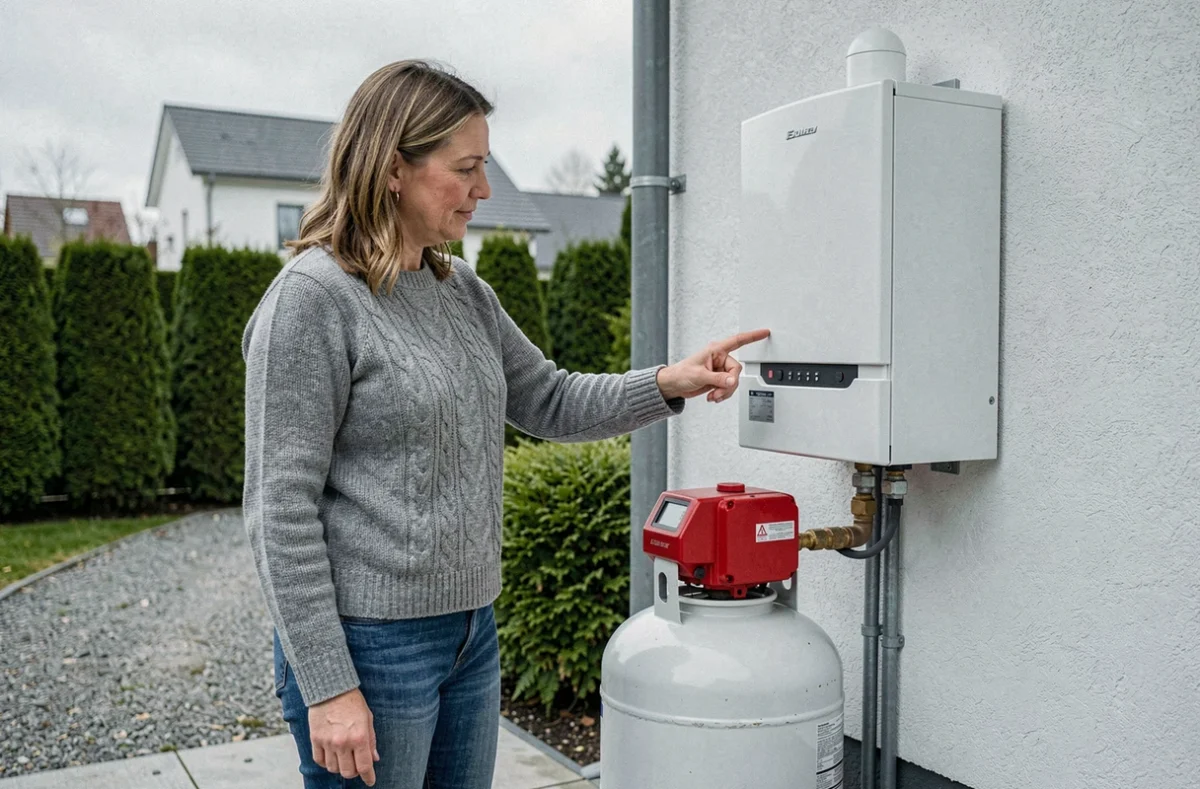 Propriétaire montrant un détendeur propane rouge fixé à une chaudière extérieure moderne sur façade de maison