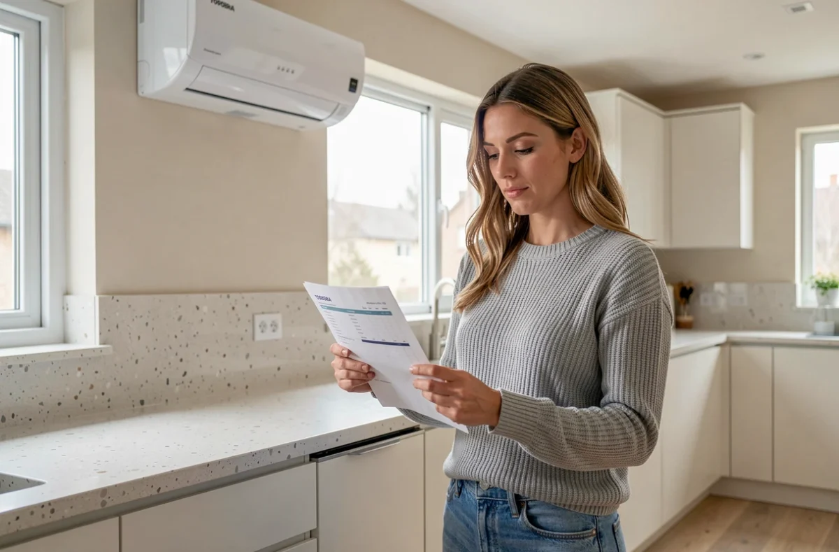 Propriétaire examinant sa facture énergétique devant une pompe à chaleur Toshiba installée dans une cuisine moderne